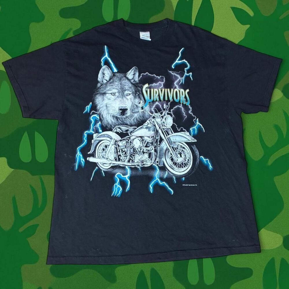 Vintage 90s USA Thunder Survivors Wolf Motorcycle T-Shirt XL
